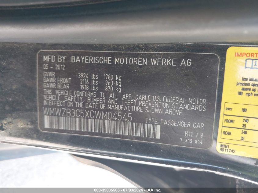 2012 Mini Cooper Countryman VIN: WMWZB3C5XCWM04545 Lot: 39805565