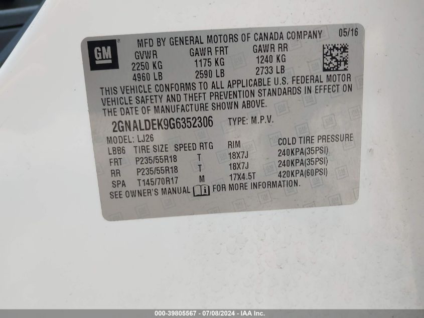 2016 Chevrolet Equinox Ltz VIN: 2GNALDEK9G6352306 Lot: 39805567