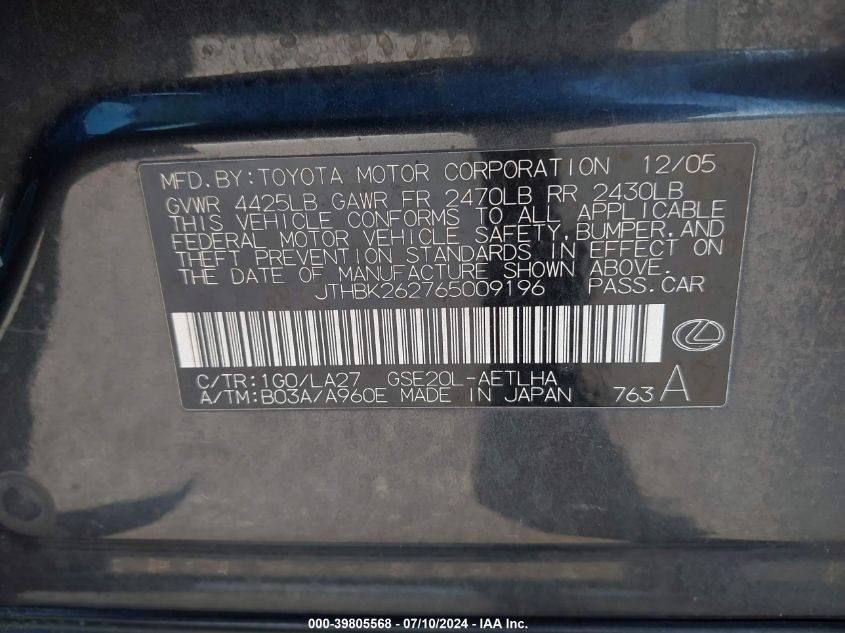 2006 Lexus Is 250 250 VIN: JTHBK262765009196 Lot: 39805568