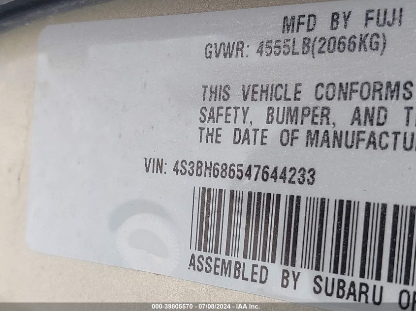 2004 Subaru Legacy Outback Limited VIN: 4S3BH686547644233 Lot: 39805570