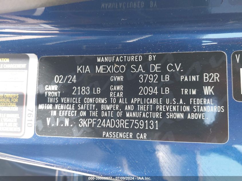 2024 Kia Forte Lxs VIN: 3KPF24AD3RE759131 Lot: 39805577