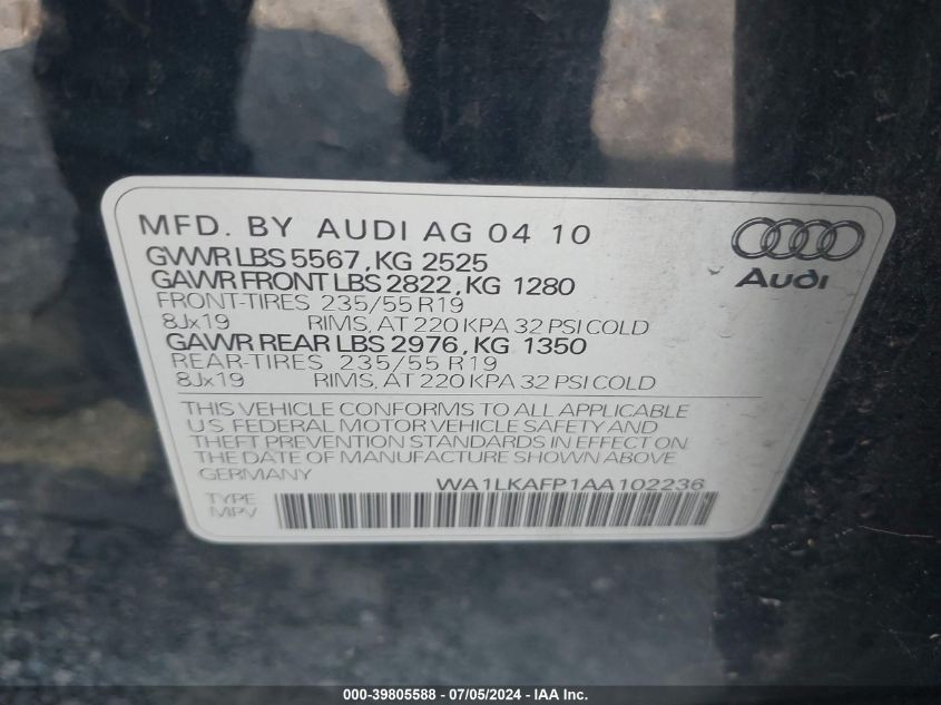 2010 Audi Q5 3.2 Premium VIN: WA1LKAFP1AA102236 Lot: 39805588