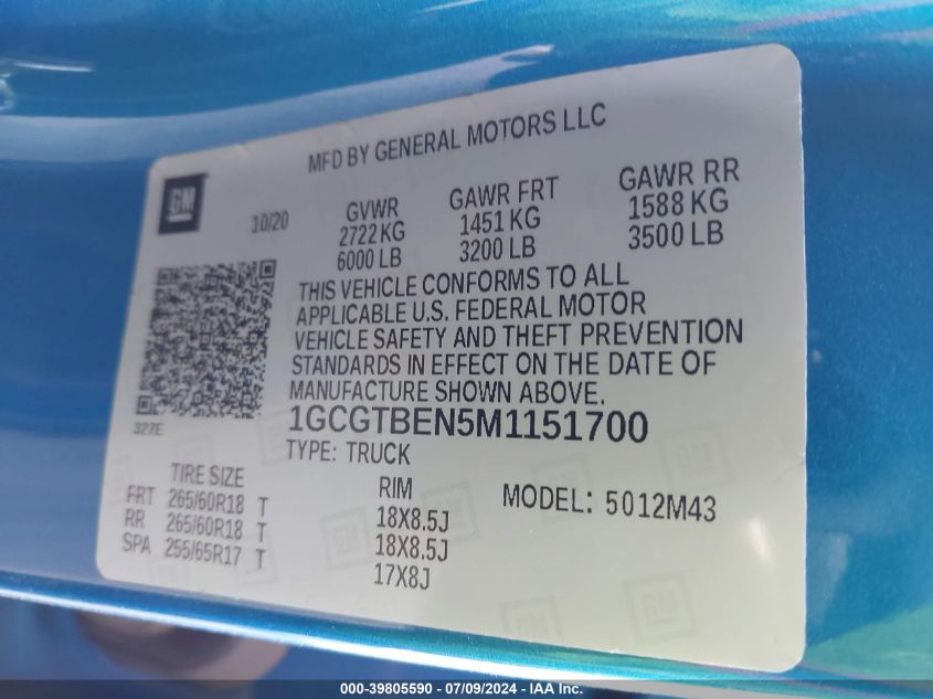 2021 Chevrolet Colorado VIN: 1GCGTBEN5M1151700 Lot: 39805590