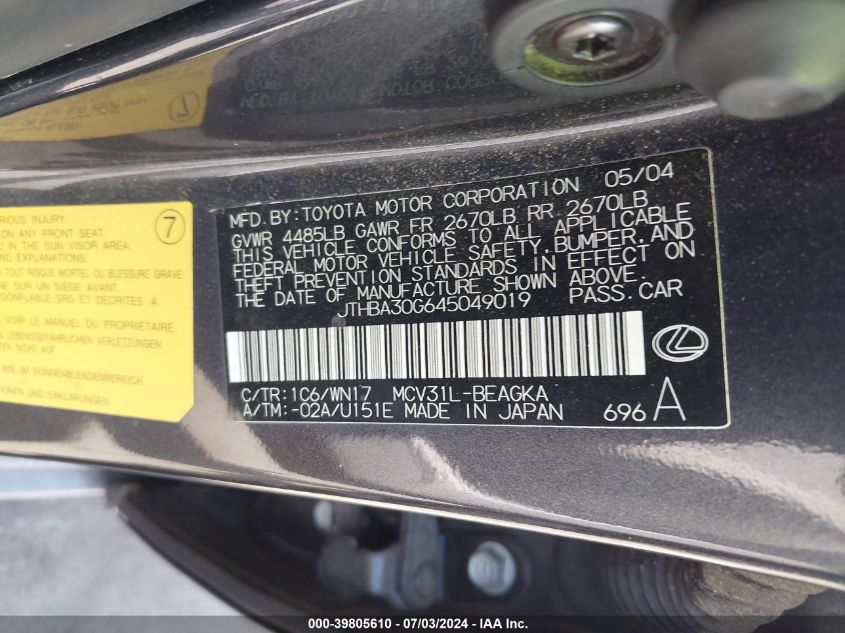 2004 Lexus Es 330 VIN: JTHBA30G645049019 Lot: 39805610