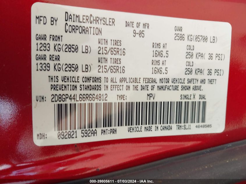 2006 Dodge Grand Caravan Sxt VIN: 2D8GP44L66R664812 Lot: 39805611