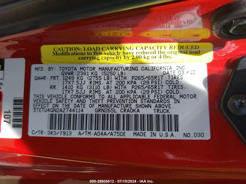2010 Toyota Tacoma Prerunner V6 VIN: 5TETU4GN2AZ744114 Lot: 39805612