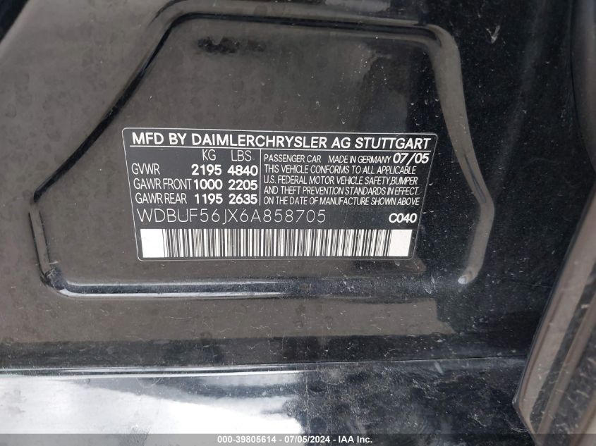 2006 Mercedes-Benz E 350 VIN: WDBUF56JX6A858705 Lot: 39805614