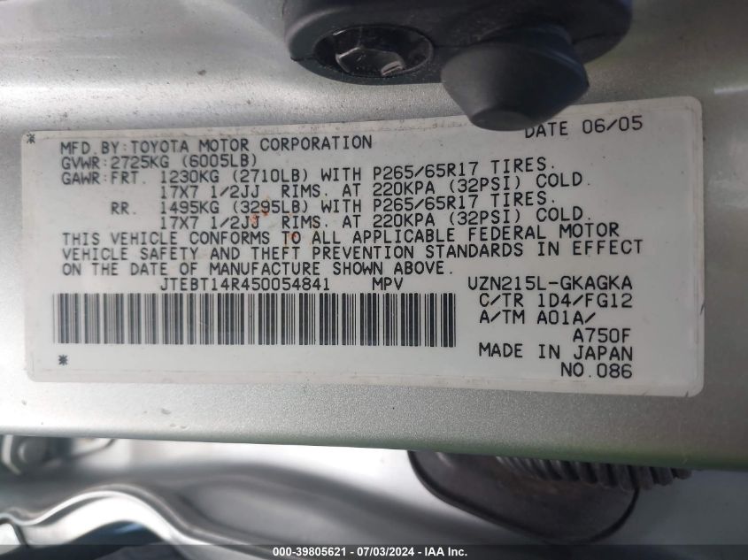 2005 Toyota 4Runner Sr5 V8 VIN: JTEBT14R450054841 Lot: 39805621