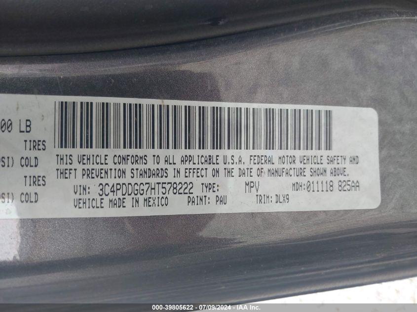 2017 Dodge Journey Crossroad Plus Awd VIN: 3C4PDDGG7HT578222 Lot: 39805622