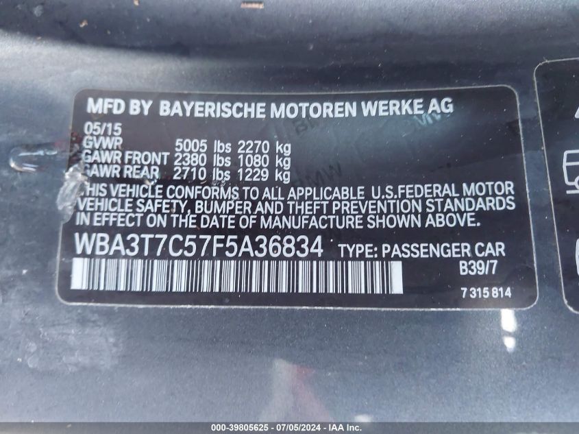 2015 BMW 435I xDrive VIN: WBA3T7C57F5A36834 Lot: 39805625