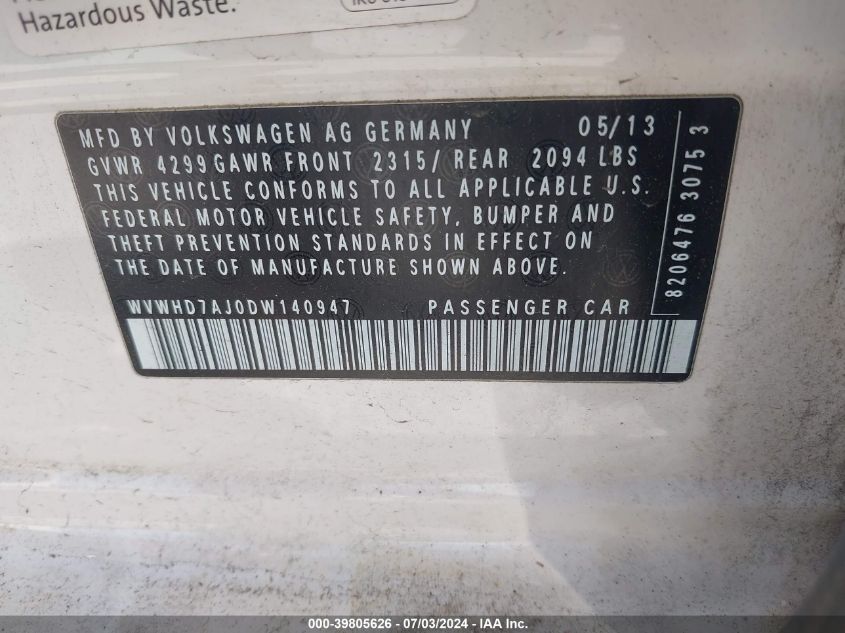 2013 Volkswagen Gti Drivers Edition VIN: WVWHD7AJ0DW140947 Lot: 39805626