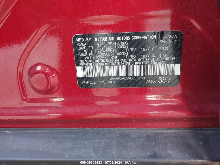 VIN JA4APUAU5MU035280 2021 MITSUBISHI OUTLANDER SPORT 2.0 BE 2WD/2.0 ES 2WD/2.0 LE 2WD/2.0 S 2WD