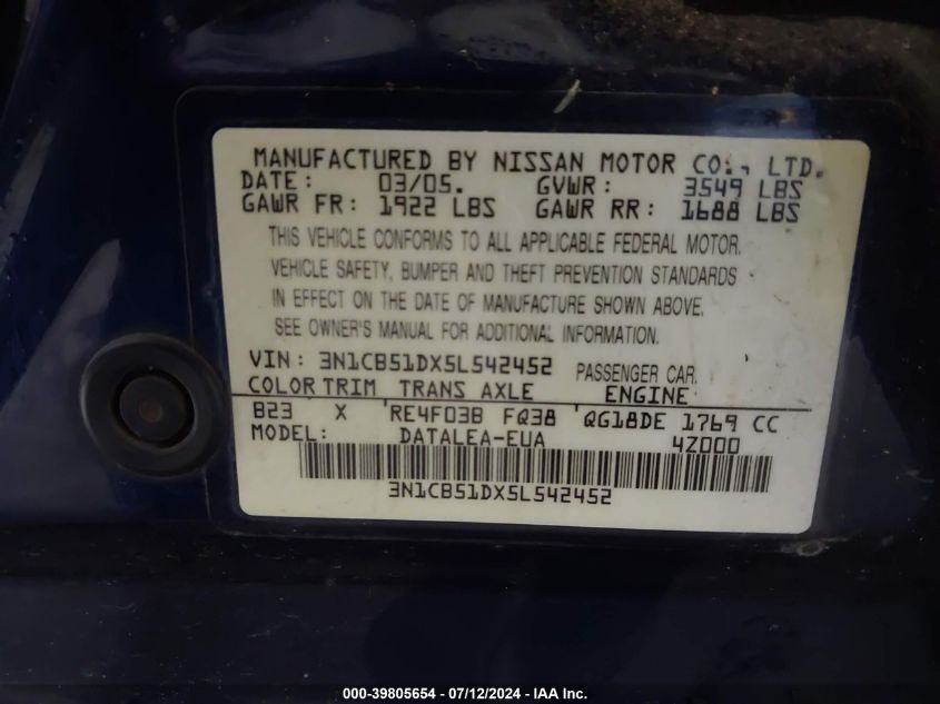 2005 Nissan Sentra 1.8S VIN: 3N1CB51DX5L542452 Lot: 39805654