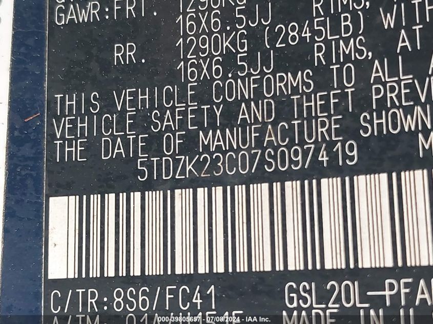 2007 Toyota Sienna Le VIN: 5TDZK23C07S097419 Lot: 39805657