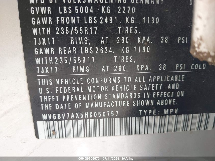 2017 VOLKSWAGEN TIGUAN 2.0T/2.0T S - WVGBV7AX5HK050757