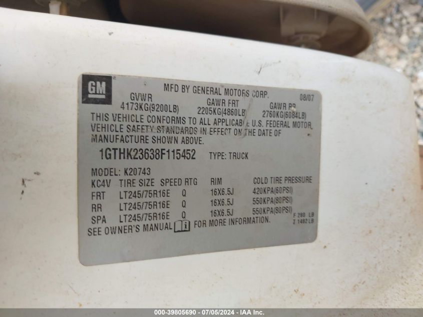 2008 GMC Sierra 2500Hd Sle1 VIN: 1GTHK23638F115452 Lot: 39805690