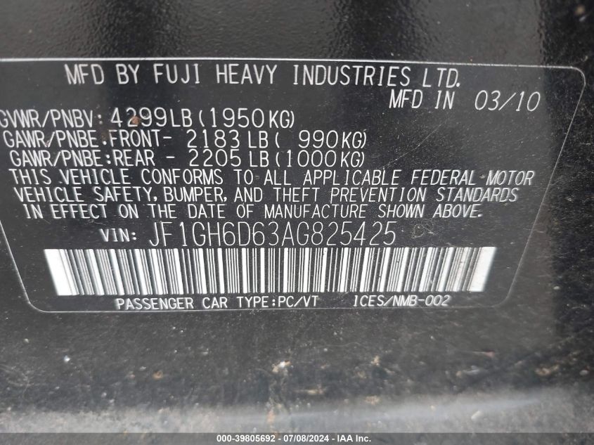 2010 Subaru Impreza Outback Sport VIN: JF1GH6D63AG825425 Lot: 39805692