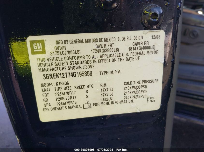 2004 Chevrolet Avalanche 1500 VIN: 3GNEK12T74G195858 Lot: 39805695