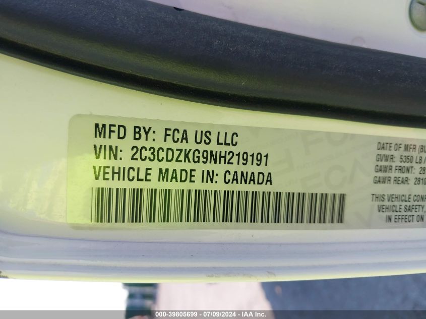 2022 Dodge Challenger Gt Awd VIN: 2C3CDZKG9NH219191 Lot: 39805699