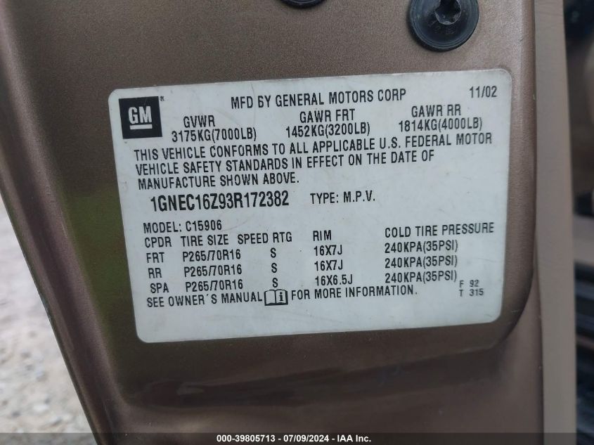 2003 Chevrolet Suburban 1500 Lt VIN: 1GNEC16Z93R172382 Lot: 39805713