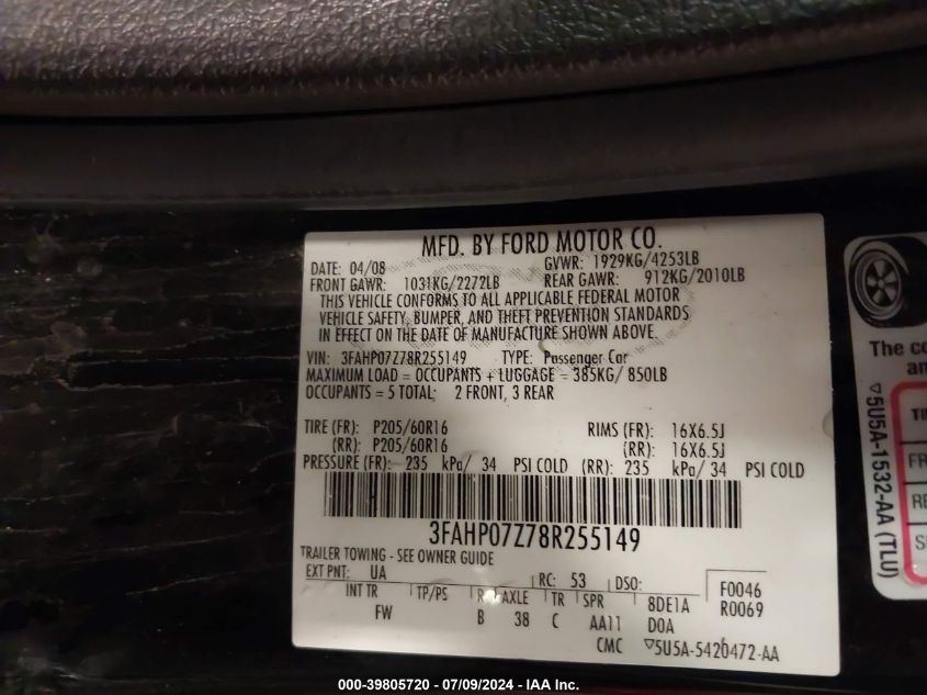 2008 Ford Fusion Se VIN: 3FAHP07Z78R255149 Lot: 39805720