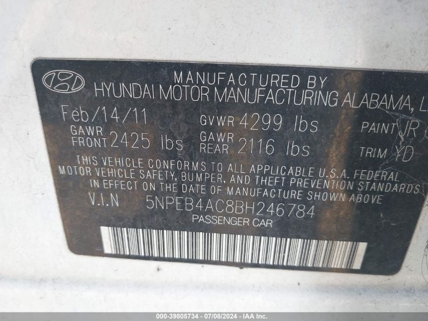 2011 Hyundai Sonata Gls VIN: 5NPEB4AC8BH246784 Lot: 39805734