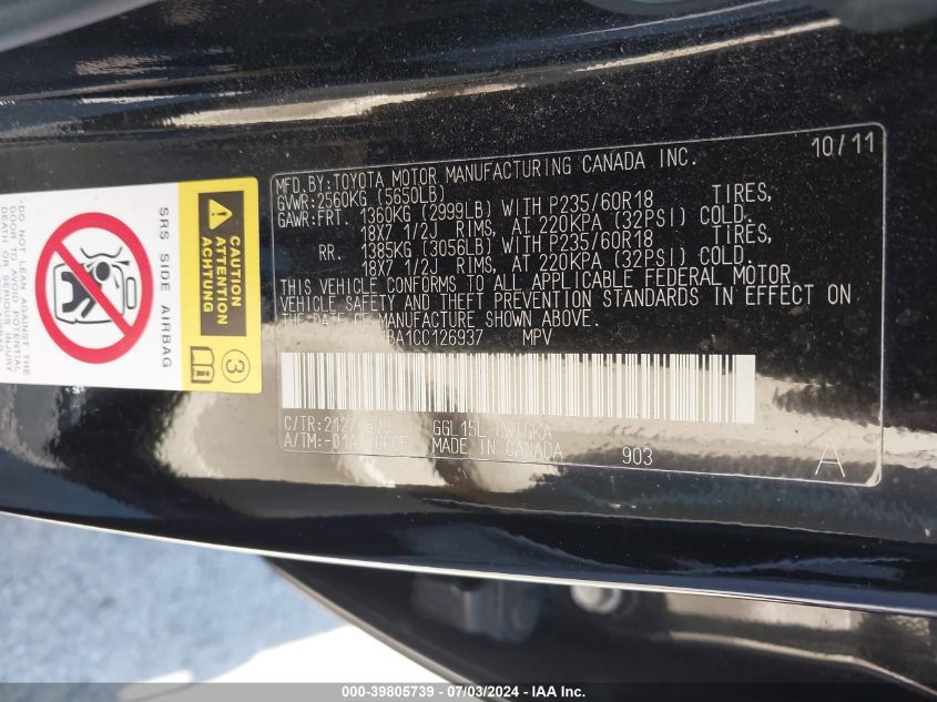 2012 Lexus Rx 350 VIN: 2T2BK1BA1CC126937 Lot: 39805739