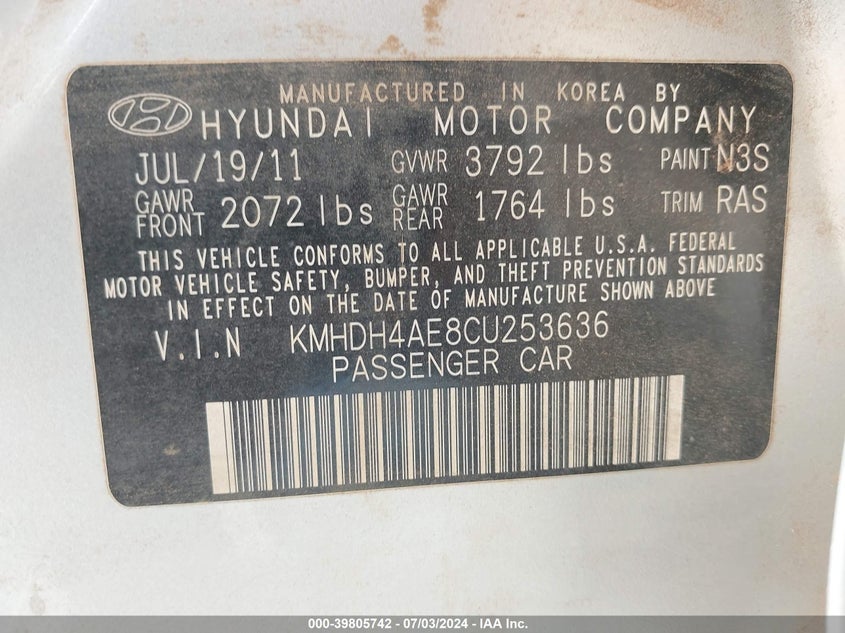 2012 Hyundai Elantra Gls (Ulsan Plant) VIN: KMHDH4AE8CU253636 Lot: 39805742