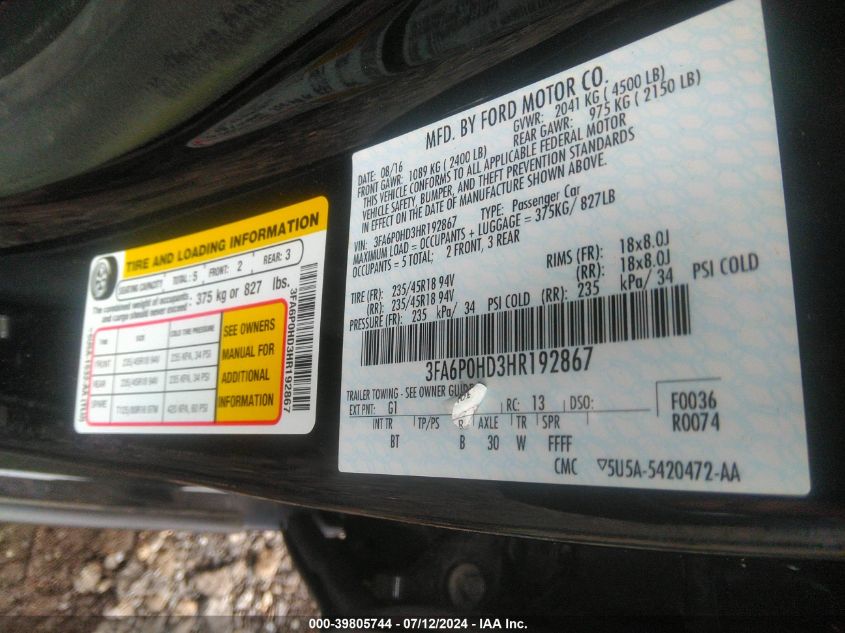 2017 Ford Fusion Se VIN: 3FA6P0HD3HR192867 Lot: 39805744