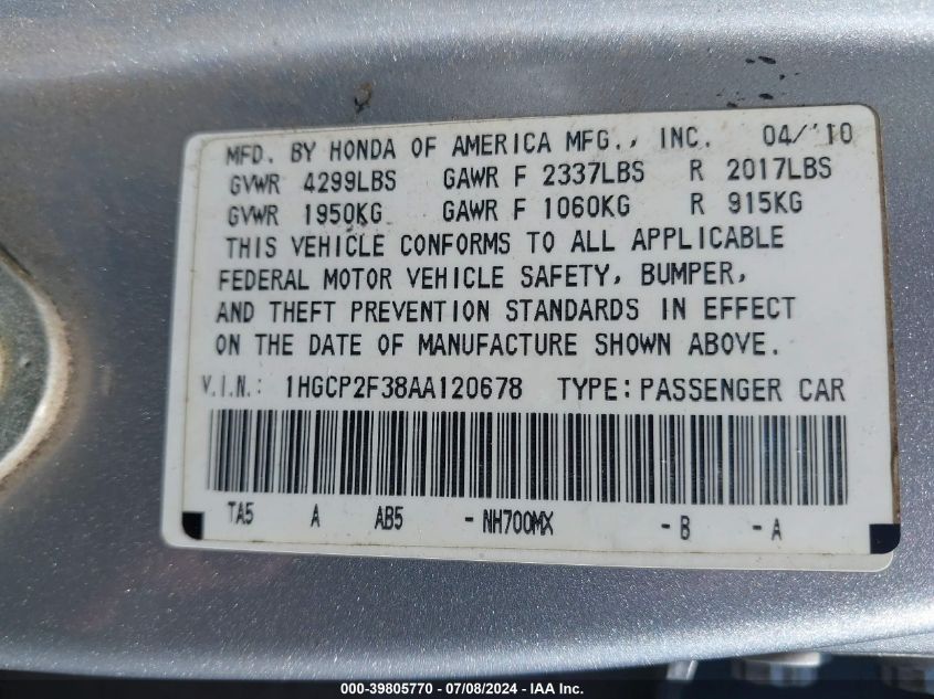 2010 Honda Accord 2.4 Lx VIN: 1HGCP2F38AA120678 Lot: 39805770