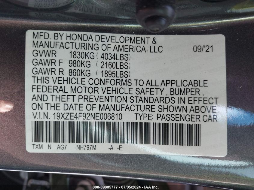 2022 Honda Insight Touring VIN: 19XZE4F92NE006810 Lot: 39805777