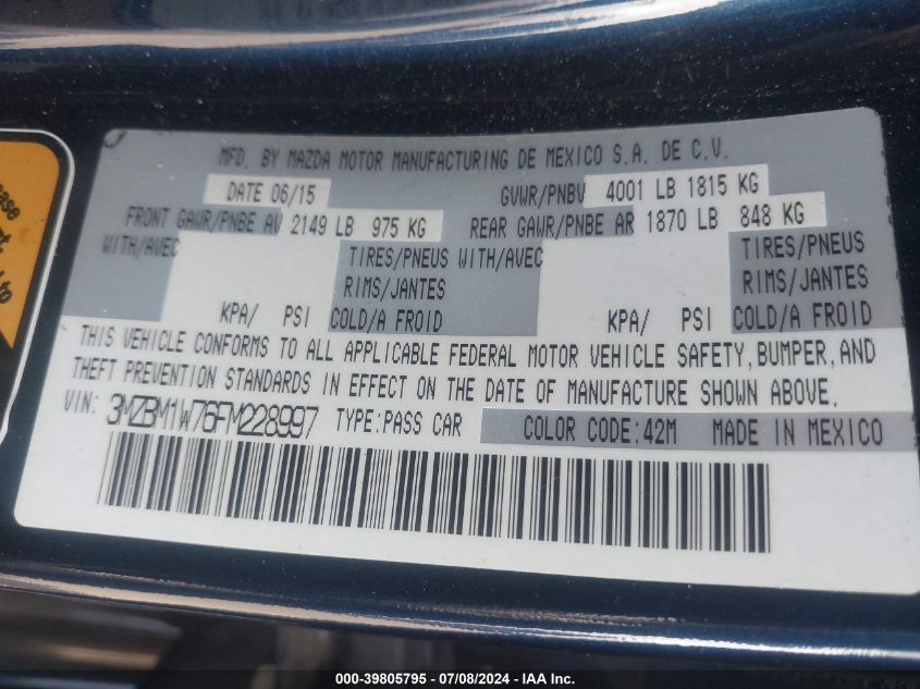 2015 Mazda Mazda3 Grand Touring VIN: 3MZBM1W76FM228997 Lot: 39805795