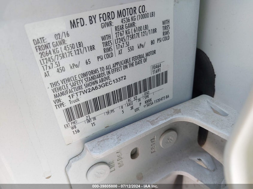 2016 Ford F-250 Xl VIN: 1FT7W2A63GEC13372 Lot: 39805800