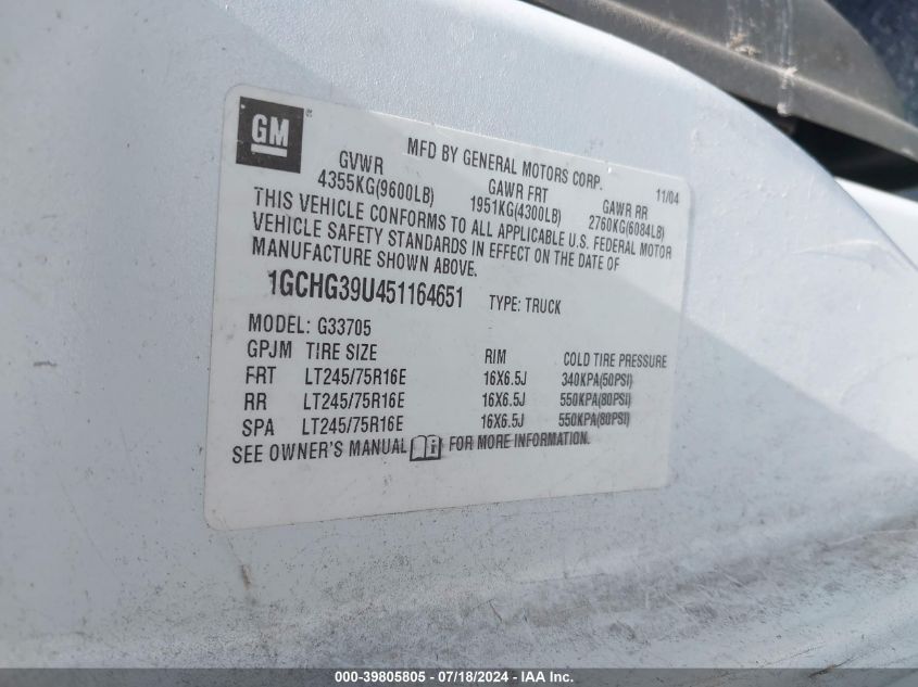 2005 Chevrolet Express VIN: 1GCHG39U451164651 Lot: 39805805