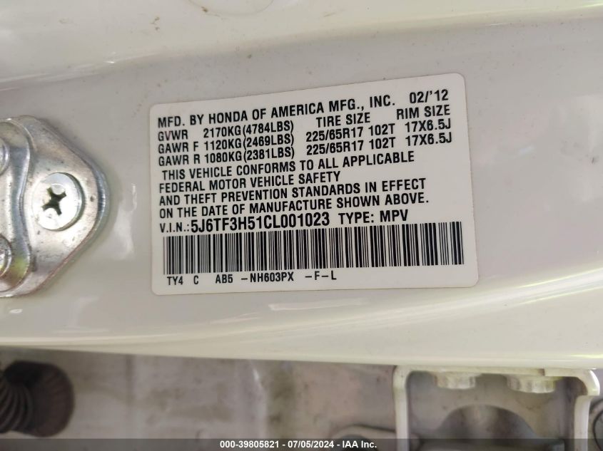2012 Honda Crosstour 2.4 Ex-L VIN: 5J6TF3H51CL001023 Lot: 39805821
