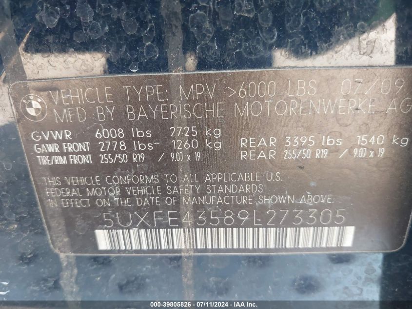 2009 BMW X5 xDrive30I VIN: 5UXFE43589L273305 Lot: 39805826