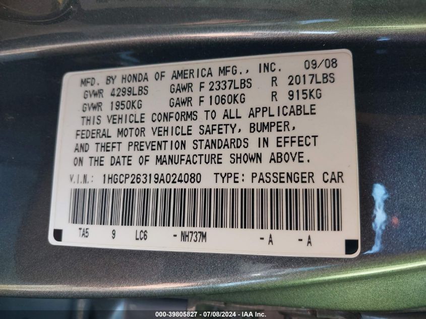 2009 Honda Accord Sdn Lx VIN: 1HGCP26319A024080 Lot: 39805827