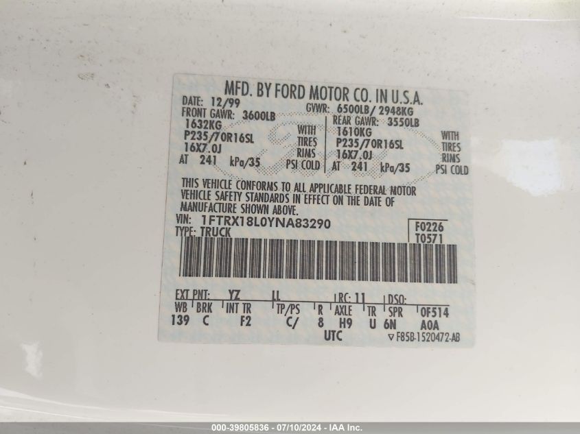 2000 Ford F-150 Lariat/Work Series/Xl/Xlt VIN: 1FTRX18L0YNA83290 Lot: 39805836