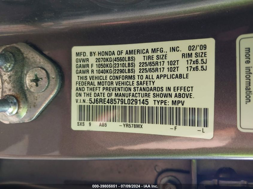 2009 Honda Cr-V Ex VIN: 5J6RE48579L029145 Lot: 39805851