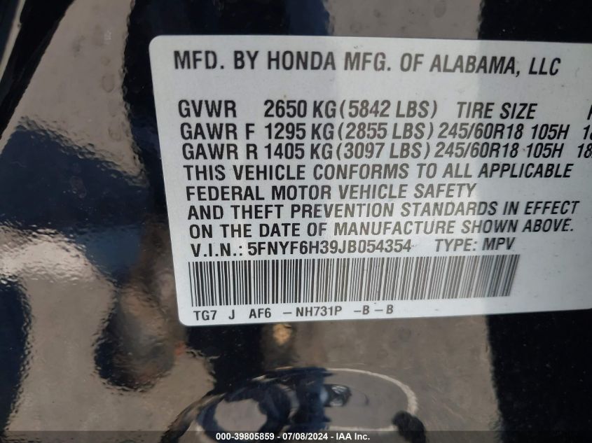 2018 Honda Pilot Ex VIN: 5FNYF6H39JB054354 Lot: 39805859