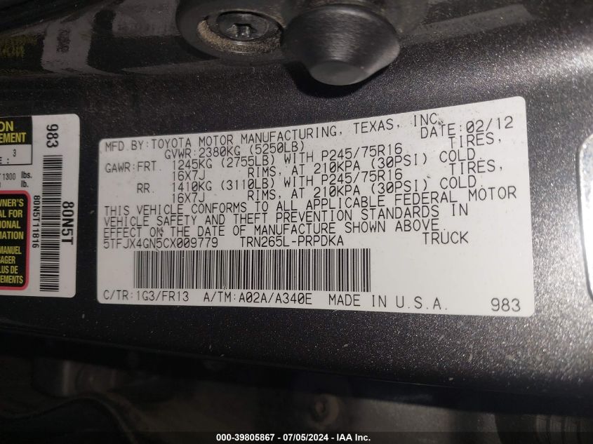2012 Toyota Tacoma Prerunner VIN: 5TFJX4GN5CX009779 Lot: 39805867