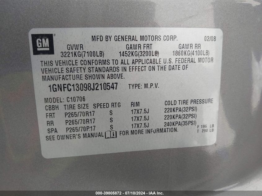 2008 Chevrolet Tahoe Ls VIN: 1GNFC13098J210547 Lot: 39805872