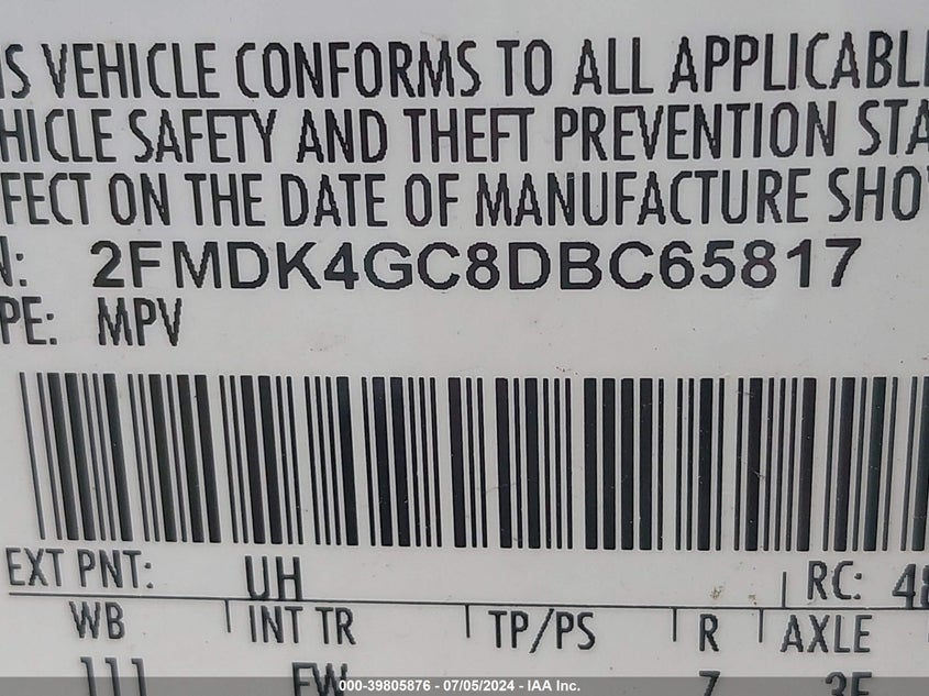 2013 Ford Edge Se VIN: 2FMDK4GC8DBC65817 Lot: 39805876