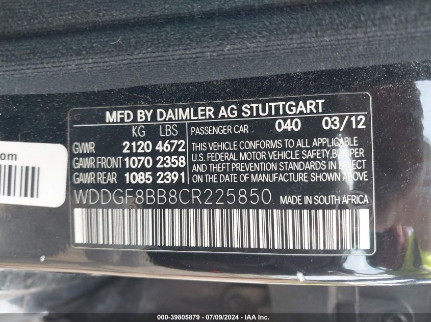 2012 Mercedes-Benz C 300 Luxury 4Matic/Sport 4Matic VIN: WDDGF8BB8CR225850 Lot: 39805879