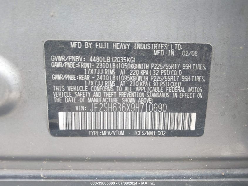 2009 Subaru Forester 2.5X Premium VIN: JF2SH636X9H710690 Lot: 39805889