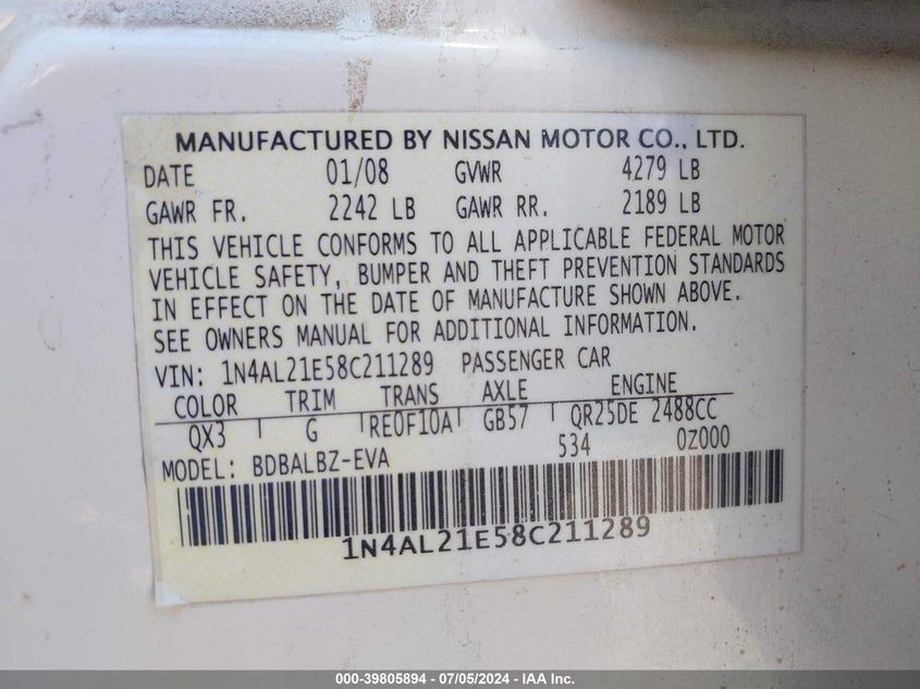 2008 Nissan Altima 2.5 S VIN: 1N4AL21E58C211289 Lot: 39805894