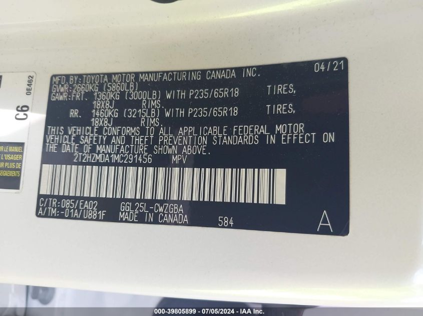 2021 Lexus Rx 350 VIN: 2T2HZMDA1MC291456 Lot: 39805899