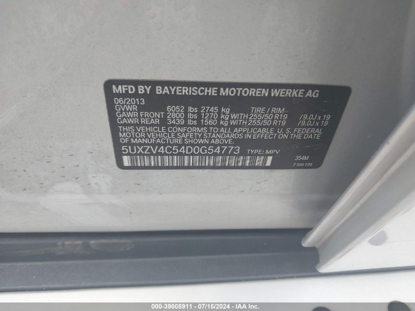 2013 BMW X5 xDrive35I/xDrive35I Premium/xDrive35I Sport Activity VIN: 5UXZV4C54D0G54773 Lot: 39805911