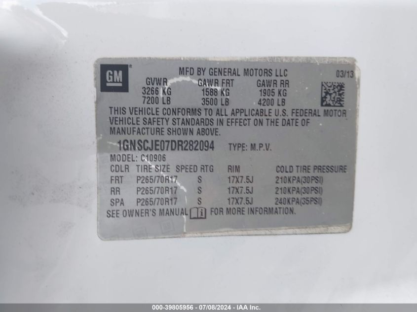 2013 Chevrolet Suburban 1500 Lt VIN: 1GNSCJE07DR282094 Lot: 39805956