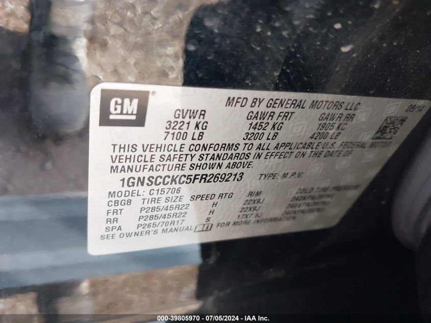 2015 Chevrolet Tahoe Ltz VIN: 1GNSCCKC5FR269213 Lot: 39805970